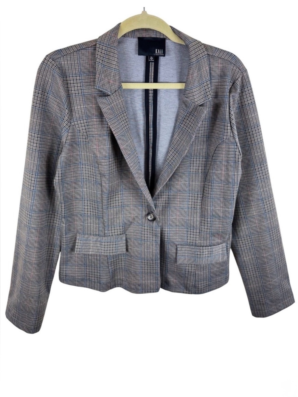 KAII Women Glen Plaid Single Button Blazer Gray Blue Pink Classic School Girl XL